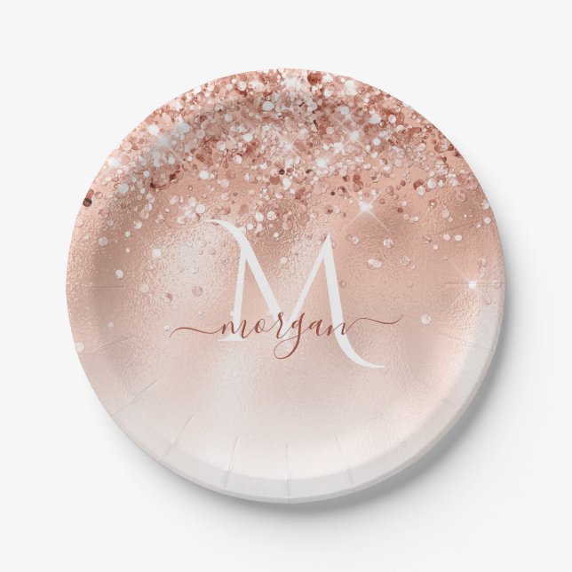 Glitzer Peach Rose Gold Monogramm Pappteller (Vorderseite)