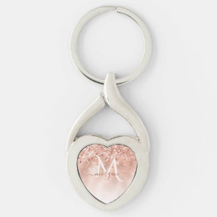 Glitzer Peach Rose Gold Monogramm Schlüsselanhänger