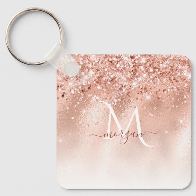 Glitzer Peach Rose Gold Monogramm Schlüsselanhänger (Vorderseite)