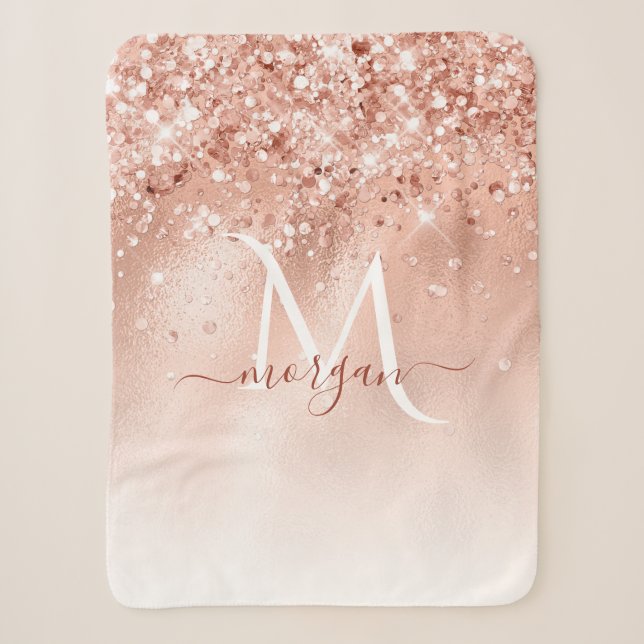 Glitzer Peach Rose Gold Monogramm Sherpadecke (Vorderseite)