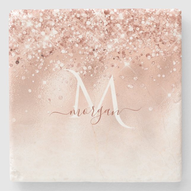 Glitzer Peach Rose Gold Monogramm Steinuntersetzer (Vorderseite)