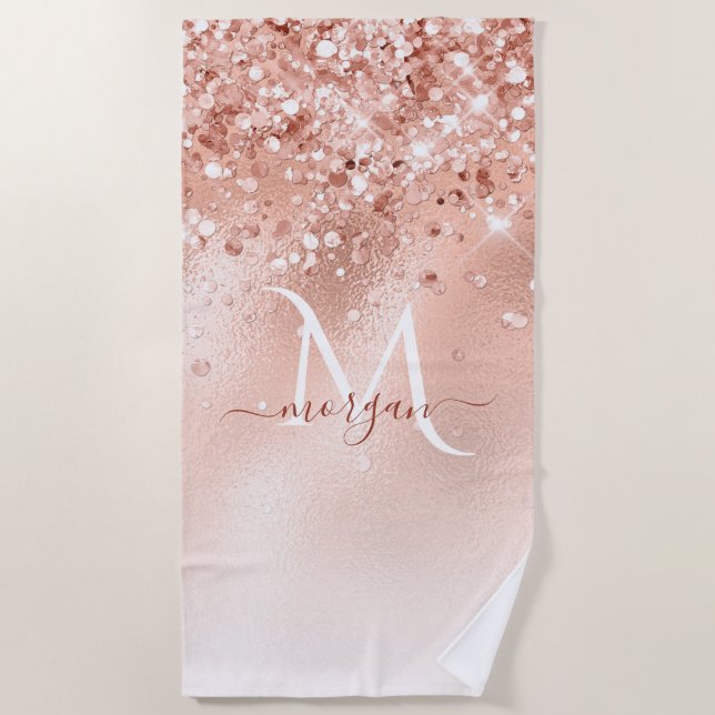 Glitzer Peach Rose Gold Monogramm Strandtuch (Vorderseite)