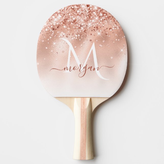 Glitzer Peach Rose Gold Monogramm Tischtennis Schläger (Vorderseite)