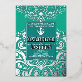 Glitzer Peacock Silver Sikh Anand Karaj Wedding Folieneinladung