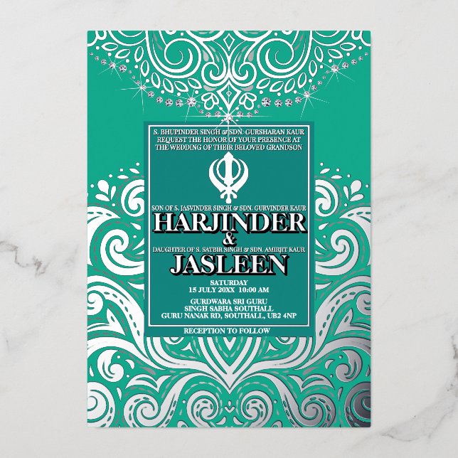 Glitzer Peacock Silver Sikh Anand Karaj Wedding Folieneinladung (Vorderseite)