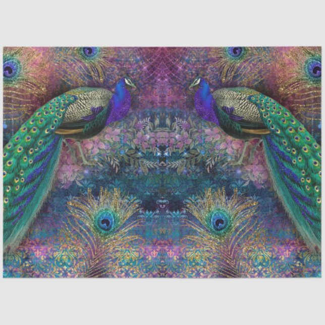Glitzer Peacocks Elegante Feathers Rosa Decoupage Seidenpapier (Vorderseite)