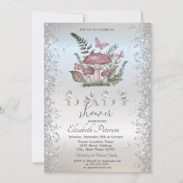 Glitzer Pilze Schmetterlinge Silver Baby Dusche Einladung (Vorderseite)