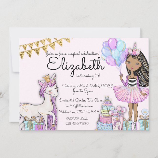 Glitzer Pink Birthday African American Unicorn Einladung (Vorderseite)