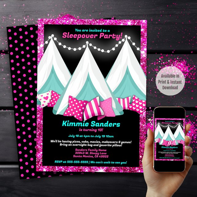 Glitzer Pink Blue Black Teepe Sleepover Geburtstag Einladung (Available in Print and Instant Download)