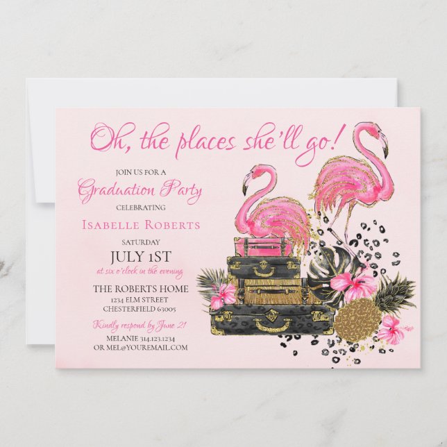 Glitzer Pink Flamingo Cheetah Graduation Party Einladung (Vorderseite)
