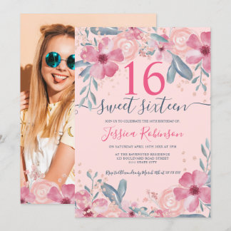 Glitzer Pink florale Aquarellschrift Sweet 16 Einladung