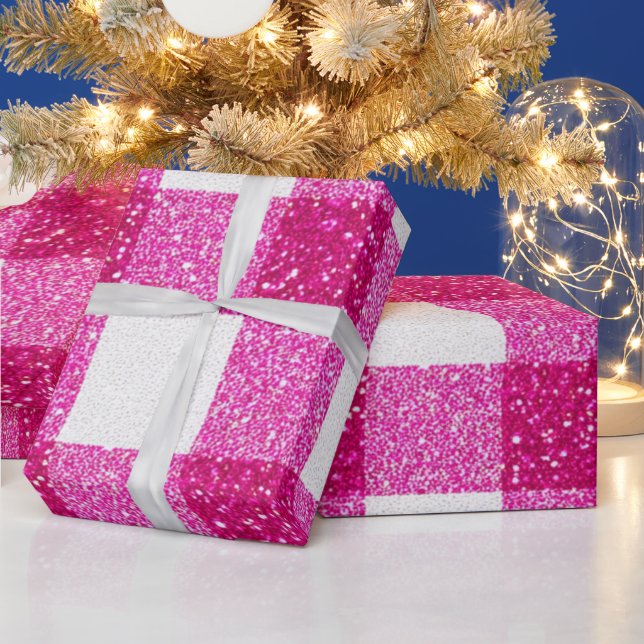 Glitzer-Pink-Karomuster Geschenkpapier (Feiertage)