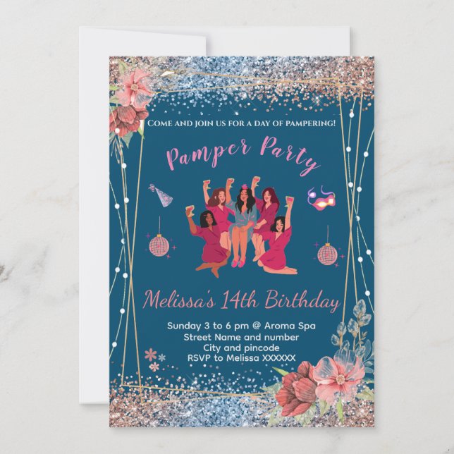 Glitzer Pink/schwarz Teenager Mädchen Pamper Party Einladung (Vorderseite)