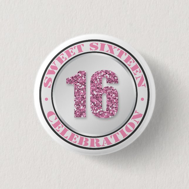 Glitzer Pink Sweet 16 Celebration Buttons (Vorderseite)