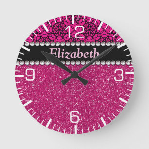 Glitzer Pink und Schwarz Muster Rhinestones Runde Wanduhr