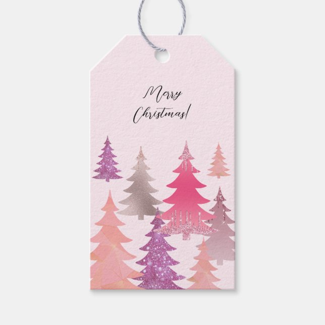 Glitzer Pink Weihnachtsbaummuster Geschenkanhänger (Vorderseite)