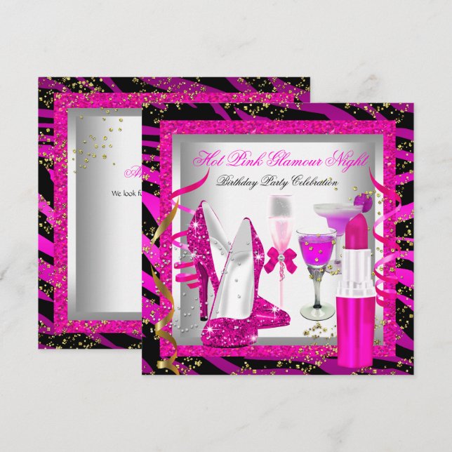 Glitzer Pink Zebra Glamour Night Birthday Party Einladung (Vorne/Hinten)
