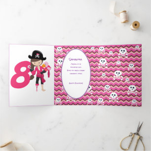 Glitzer Pirate Girl 8. Geburtstag Dreifach Gefaltete Karte