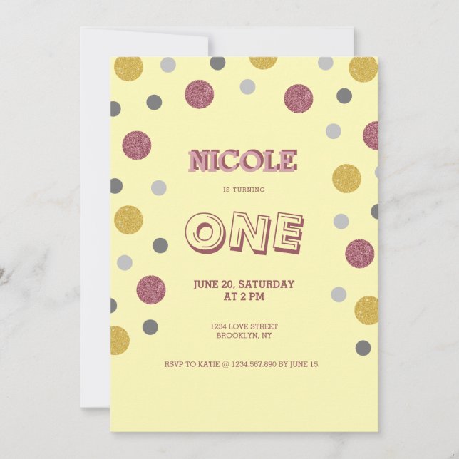 Glitzer Polka Dots 1. Geburtstag Einladung (Vorderseite)
