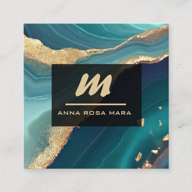 *~* Glitzer QR Luxe Initial Turquoise AP66 Gold Quadratische Visitenkarte (Vorderseite)