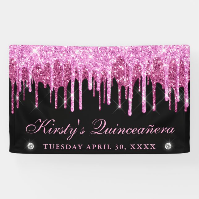 Glitzer Quinceanera, rosa und schwarz Banner (Horizontal)