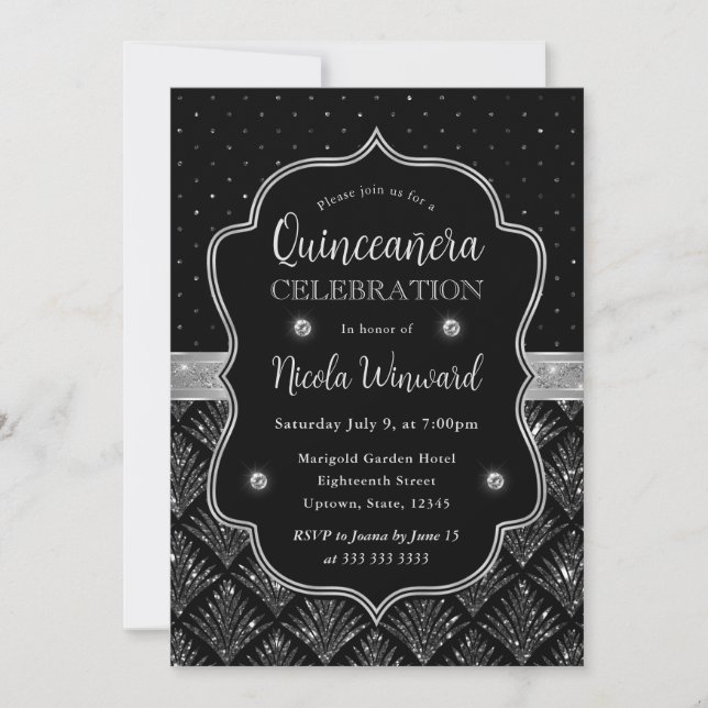 Glitzer Quinceanera, Schwarz und Silber Einladung (Vorderseite)