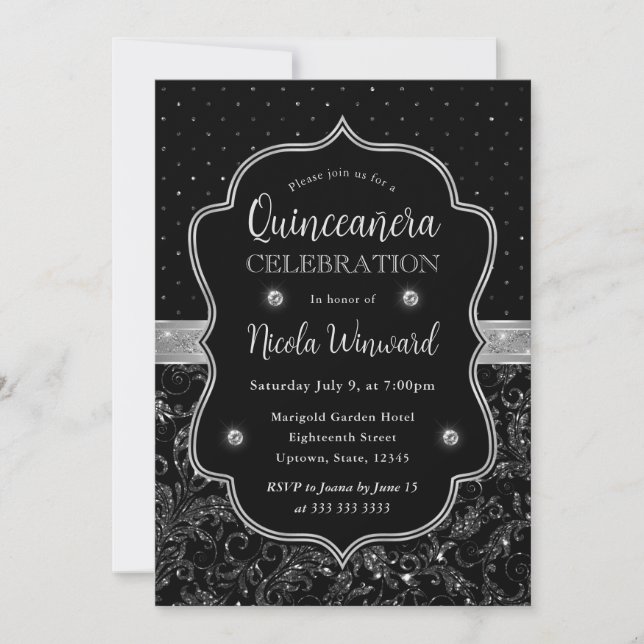 Glitzer Quinceanera, Schwarz und Silber Einladung (Vorderseite)