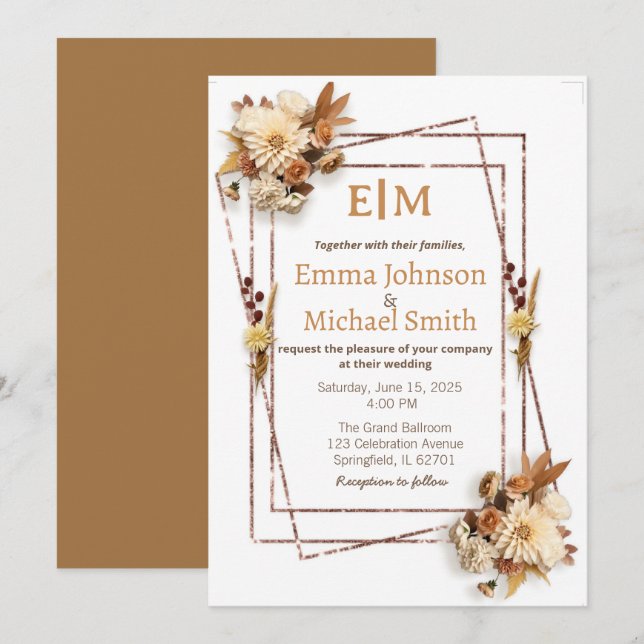 Glitzer Rahmen mit Blume Hochzeitseinladungen Einladung (Vorne/Hinten)