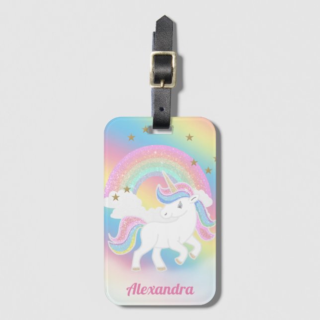 Glitzer Rainbow and Unicoron mit Personalisiertem  Gepäckanhänger (Vorderseite Vertikal)