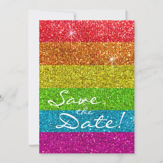 Glitzer Rainbow Flag Ehegewähr Gay Pride Save The Date (Vorderseite)