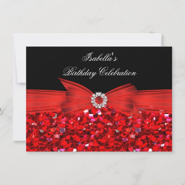Glitzer Red Diamond Bow Black Birthday Party Einladung (Vorderseite)