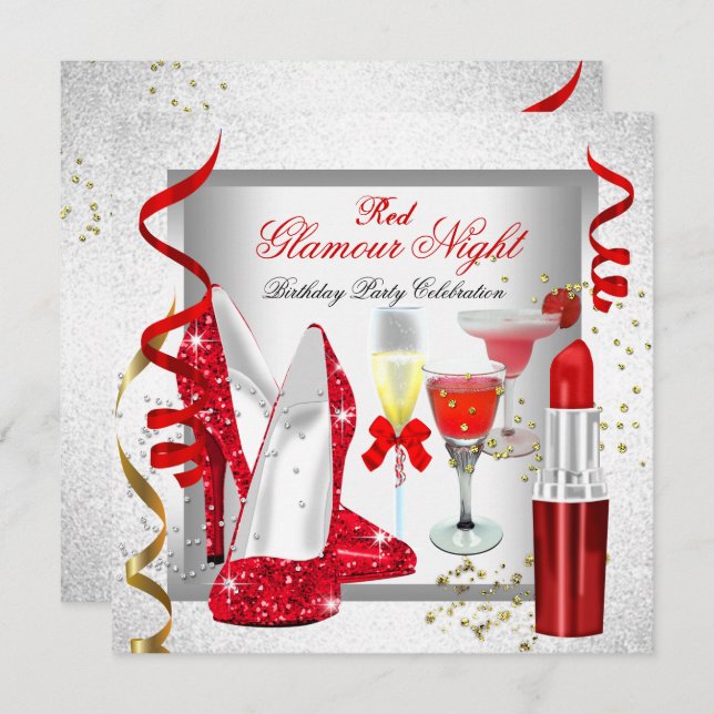 Glitzer Red Glamour Night Silver Drinks Party Einladung (Vorne/Hinten)