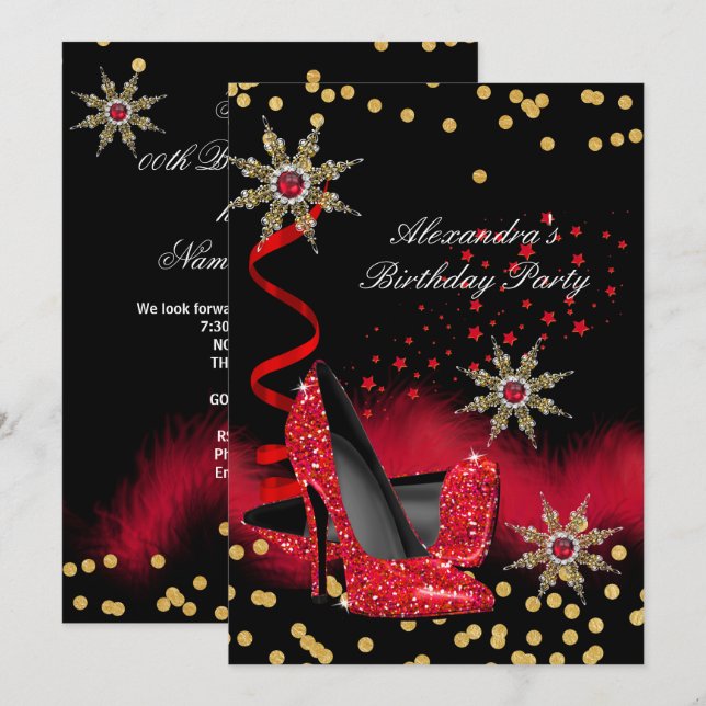 Glitzer Red High Heels Black Birthday Party Einladung (Vorne/Hinten)