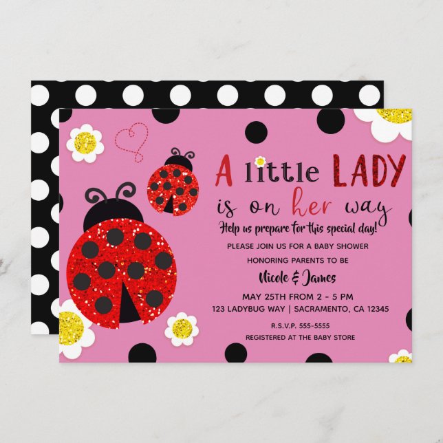 Glitzer Red Ladybug Yellow Flowers Baby Dusche Inv Einladung (Vorne/Hinten)