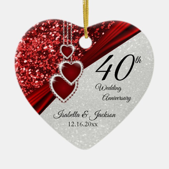 ⭐ Glitzer Red Ruby 40 Jahre Jubiläum 💕 Keepake Keramik Ornament (Vorne)