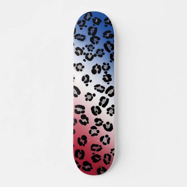 Glitzer Red White und Blue Leopard Print Skateboard (Vorne)