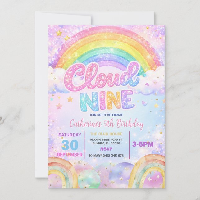 Glitzer Regenbogen Cloud Nine Geburtstagsfeier Einladung (Vorderseite)