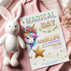 Glitzer Regenbogen Einhorn ersten Geburtstag Einla Einladung