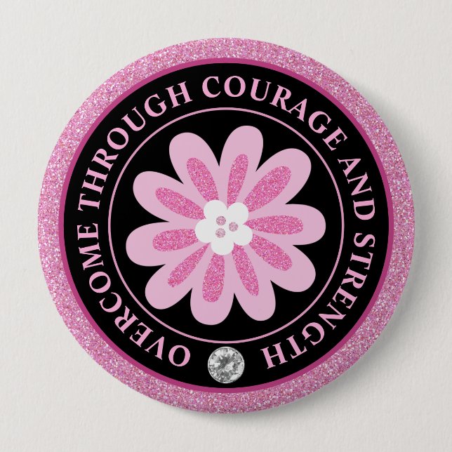 Glitzer Rosa Blumen Brustkrebs-Bewusstseins-Design Button (Vorderseite)