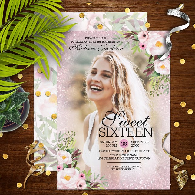 Glitzer Rosa Blumenfoto Vorlage Sweet 16 Party (Von Creator hochgeladen)