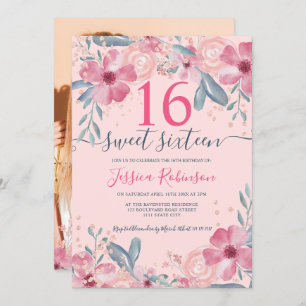 Glitzer Rosa Blumenschrift Aquarell Sweet 16 Einladung