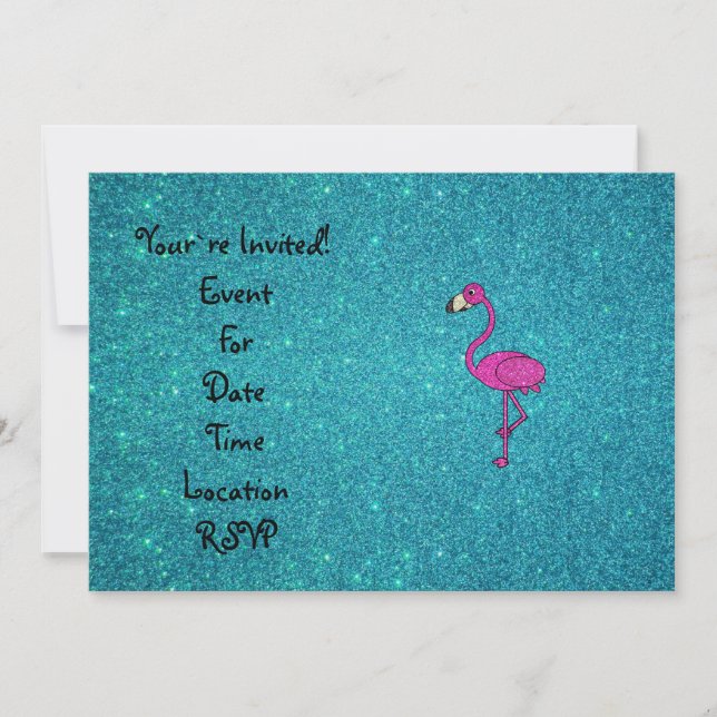 Glitzer Rosa Flamingo Türkis Glitzer Einladung (Vorderseite)