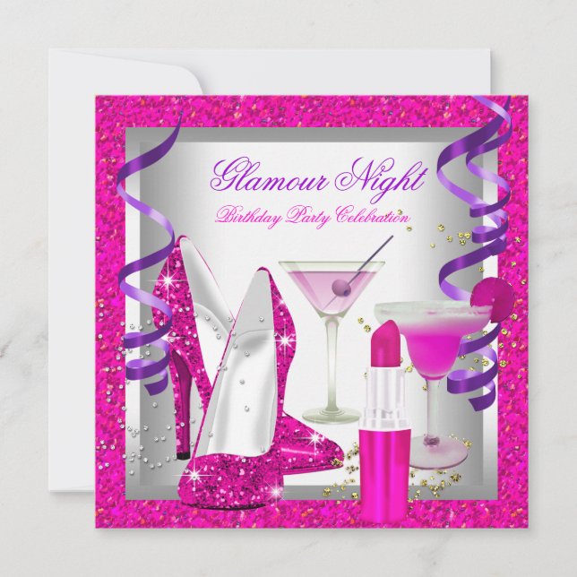 Glitzer Rosa Lila Glamour Night Martini Party Einladung (Vorderseite)