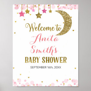 Glitzer Rosa Mond Babydusche Begrüßungszeichen Poster