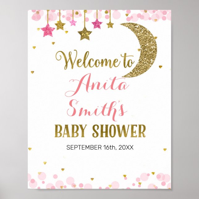 Glitzer Rosa Mond Babydusche Begrüßungszeichen Poster (Vorne)