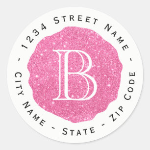 Glitzer Rosa Monogramm Rücksendeadresse Runder Aufkleber