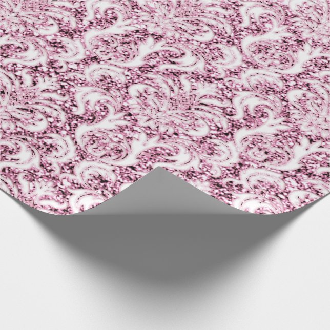 Glitzer Rosa Rose Weißer Damaskus Elegant Geschenkpapier (Ecke)