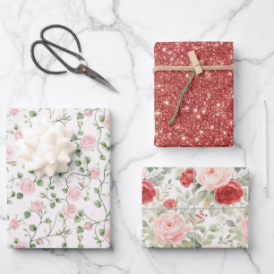 Glitzer Rosa Rote Rosen Floral Braut Dusche Geschenkpapier Set