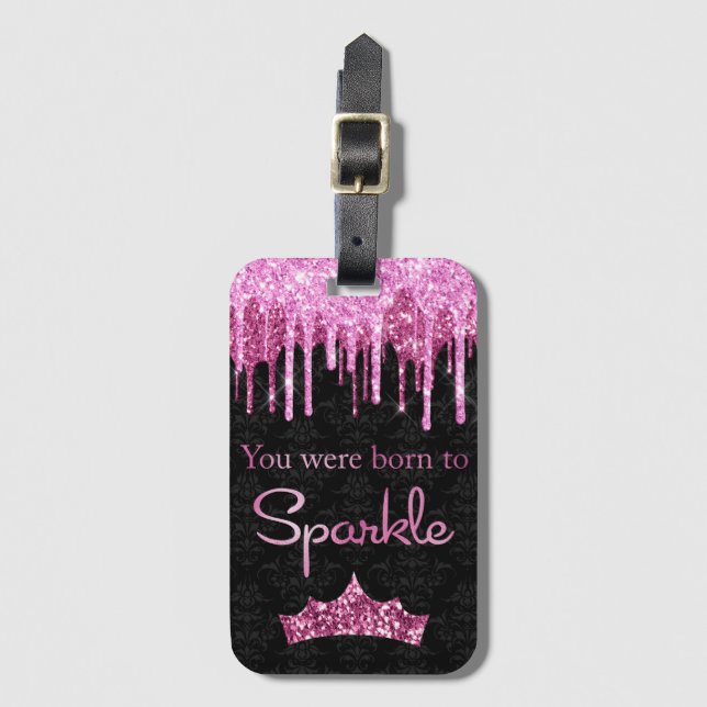 Glitzer rosa Schwarz Geboren zum Sparkeln Gepäckanhänger (Vorderseite Vertikal)