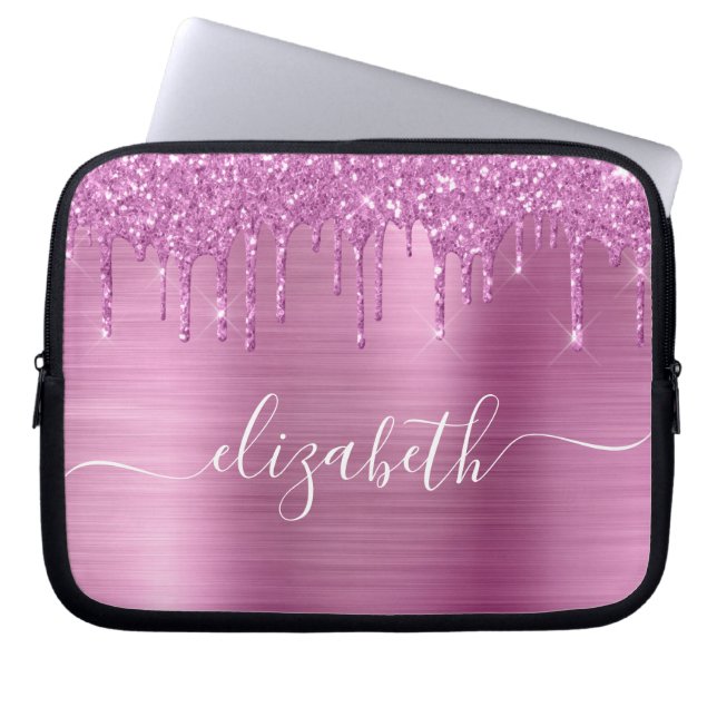Glitzer Rosa Tropfen Mit Monogramm Laptopschutzhülle (Vorderseite)